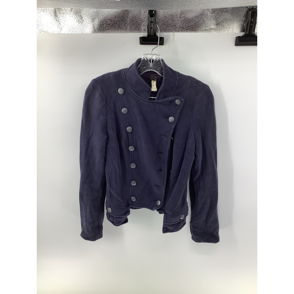 Free People Navy Blue Fleece Military Jacket Lace Up Back Silver Buttons Small